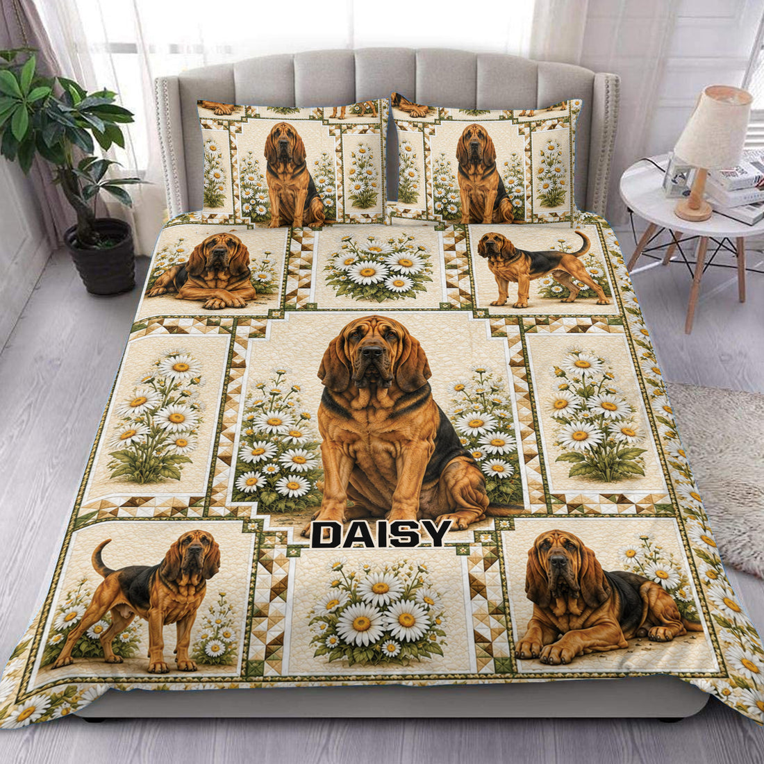 Bloodhound duvet cover set displayed on a bed with daisy panels and warm rustic dog artwork