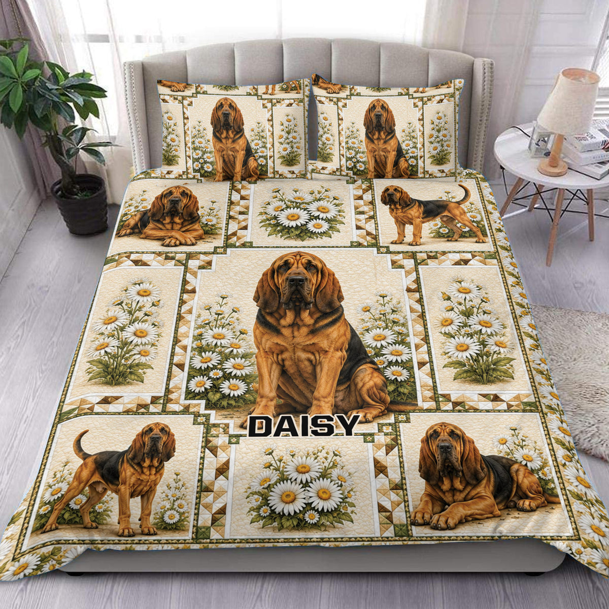 Bloodhound duvet cover set displayed on a bed with daisy panels and warm rustic dog artwork