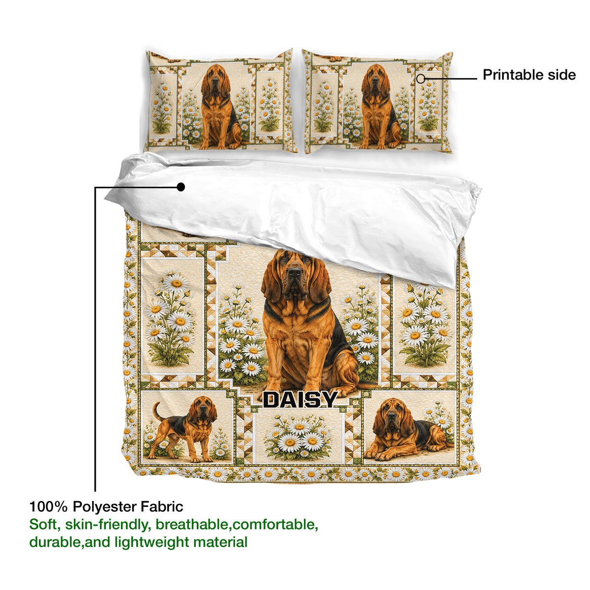Bloodhound duvet cover and pillowcases showing the printed side and soft polyester fabric