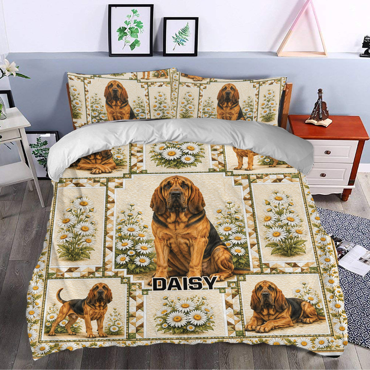 Bloodhound duvet cover set styled in a bedroom with floral artwork and warm country decor