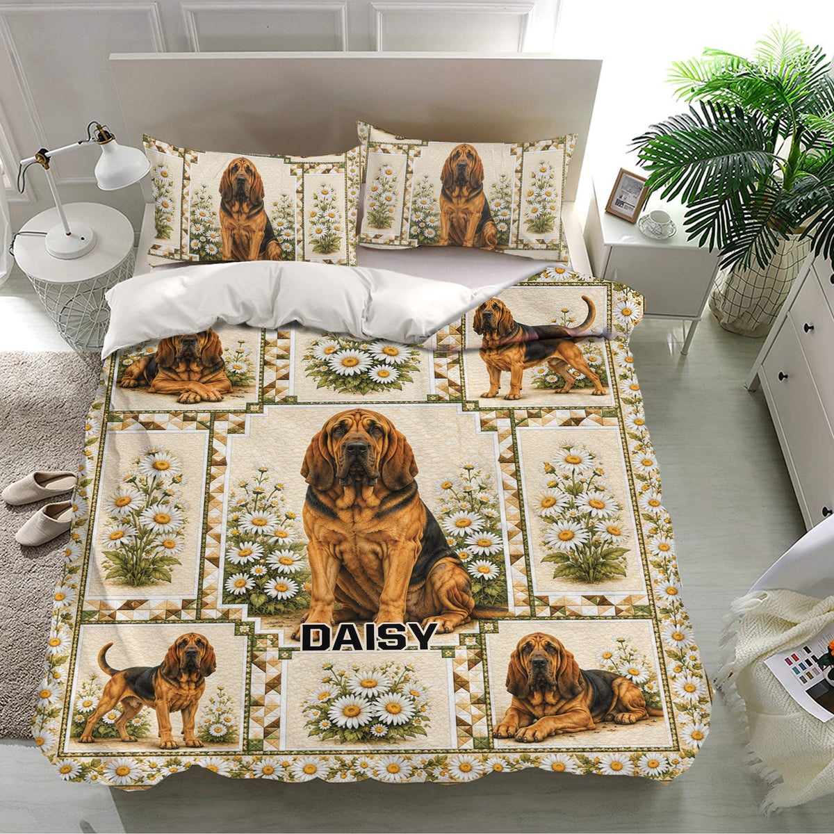 Bloodhound bedding set presented in a bright bedroom with daisy borders and hound artwork