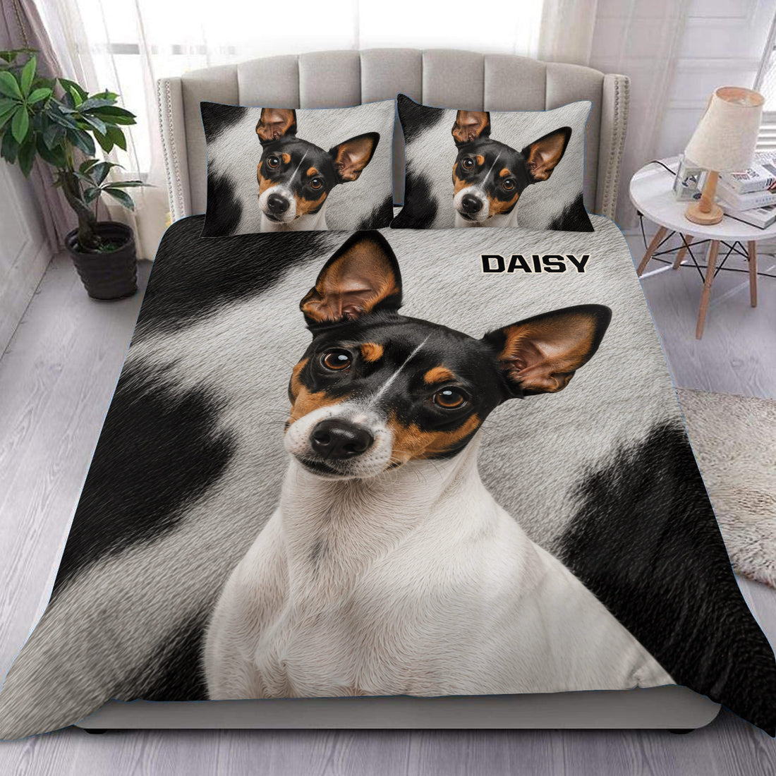 Rat Terrier duvet cover set displayed on a bed with a realistic black, white, and tan dog portrait