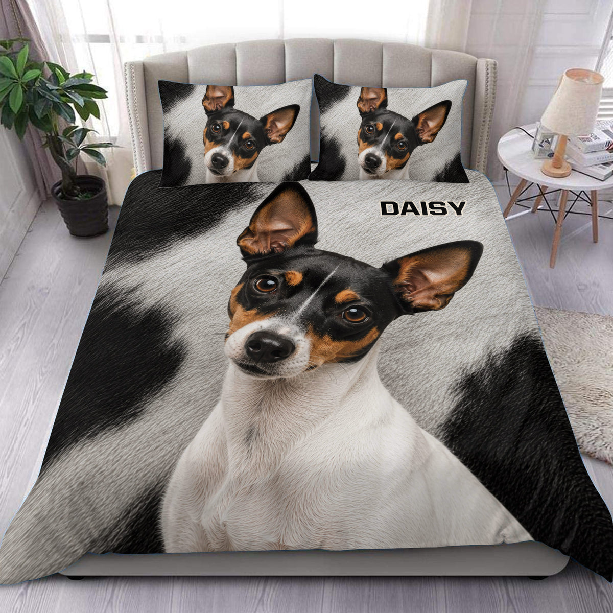 Rat Terrier duvet cover set displayed on a bed with a realistic black, white, and tan dog portrait
