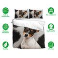 Rat Terrier bedding set showing the dog portrait, matching pillowcases, and soft breathable fabric features