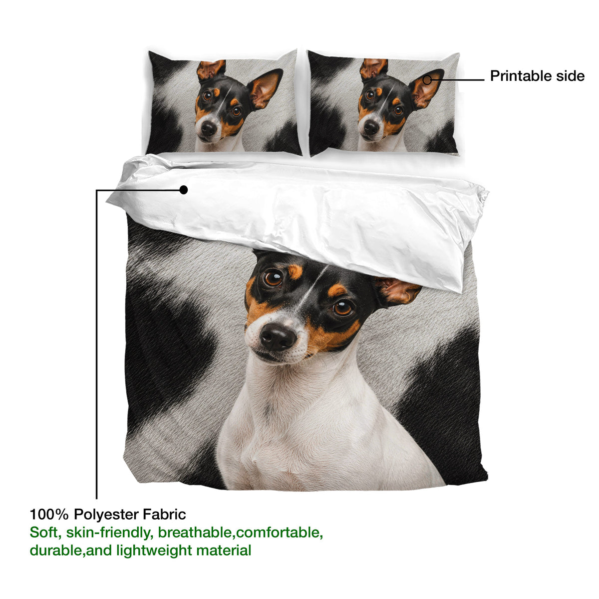 Rat Terrier duvet cover set with matching pillowcases and a close-up view of the printed dog artwork