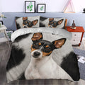Rat Terrier duvet cover bedding set styled in a modern bedroom with a bold realistic dog portrait