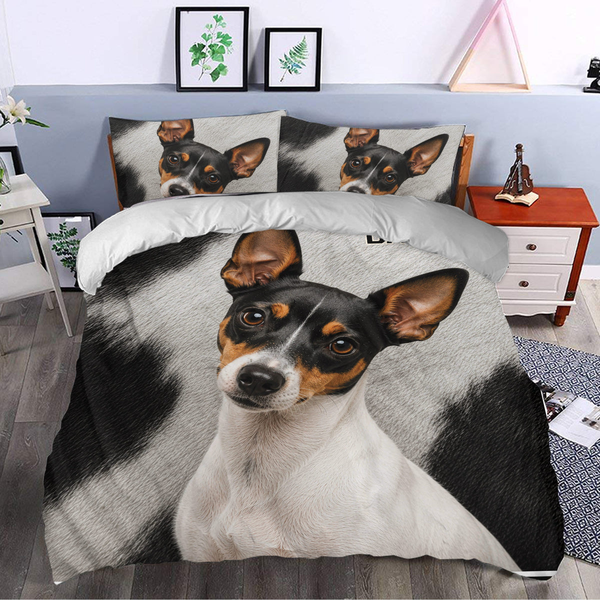 Rat Terrier duvet cover bedding set styled in a modern bedroom with a bold realistic dog portrait