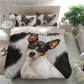 Rat Terrier bedding set presented in a bright bedroom with matching dog portrait pillowcases