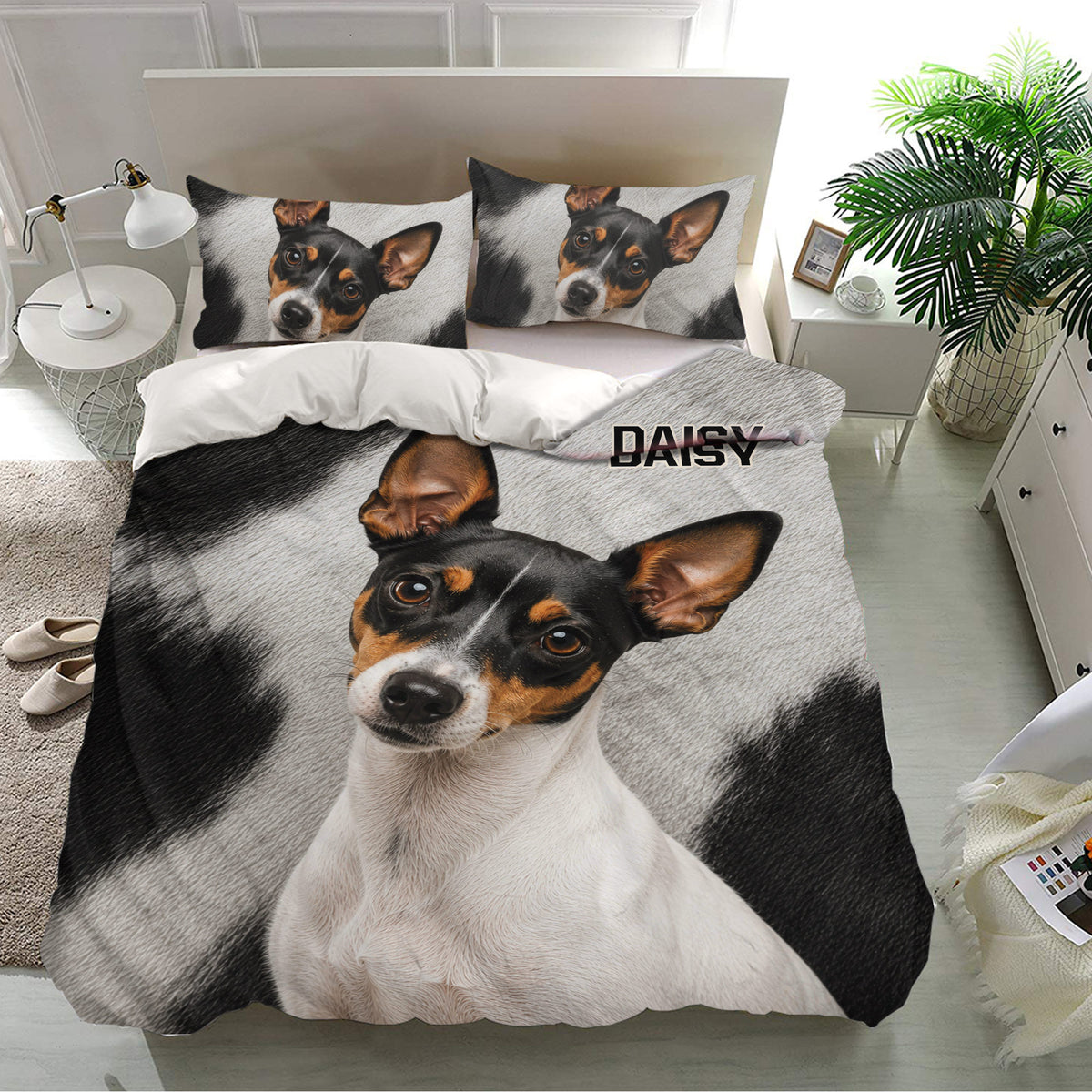 Rat Terrier bedding set presented in a bright bedroom with matching dog portrait pillowcases