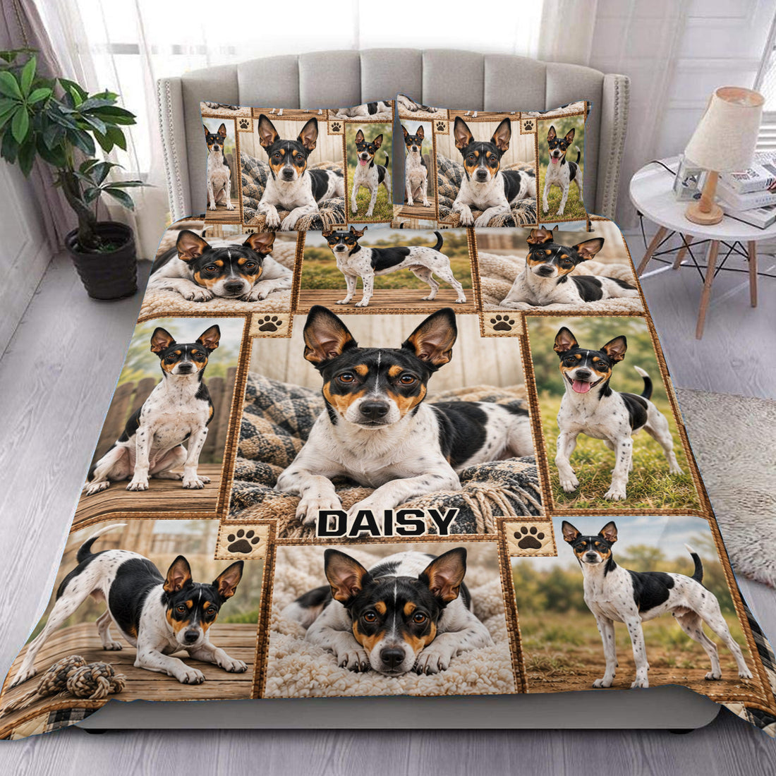 Rat Terrier duvet cover bedding set displayed on a bed with a rustic collage of dog portraits and paw prints
