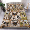 Rat Terrier duvet cover bedding set displayed on a bed with a rustic collage of dog portraits and paw prints