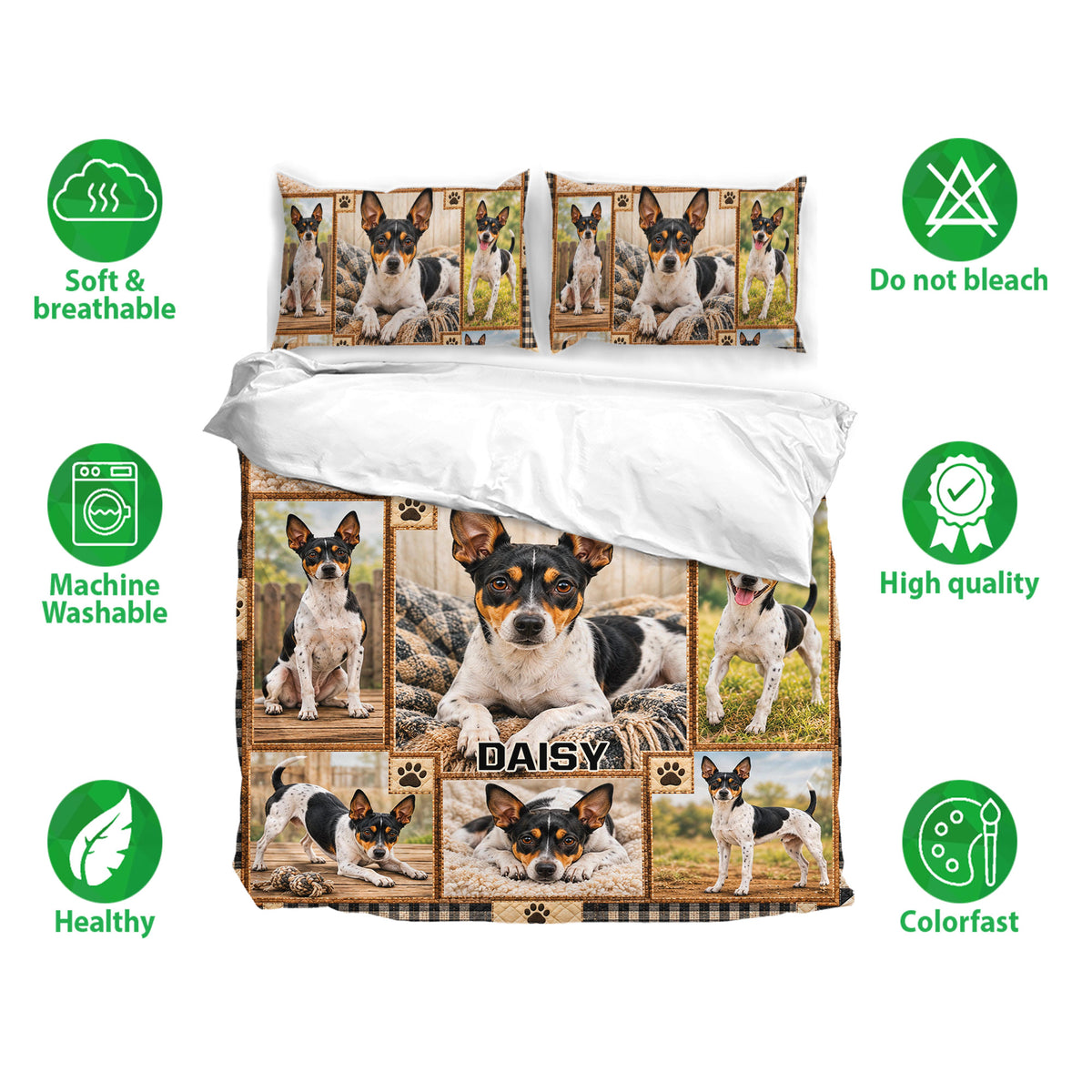 Rat Terrier bedding set shown with matching pillowcases and soft breathable fabric feature icons