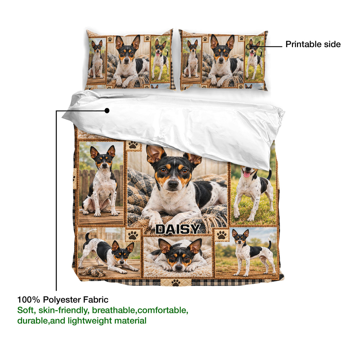 Rat Terrier duvet cover and pillowcases shown with printable design side and lightweight polyester fabric details