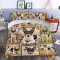 Rat Terrier duvet cover bedding set styled in a bedroom with repeated dog portraits, paw prints, and rustic borders