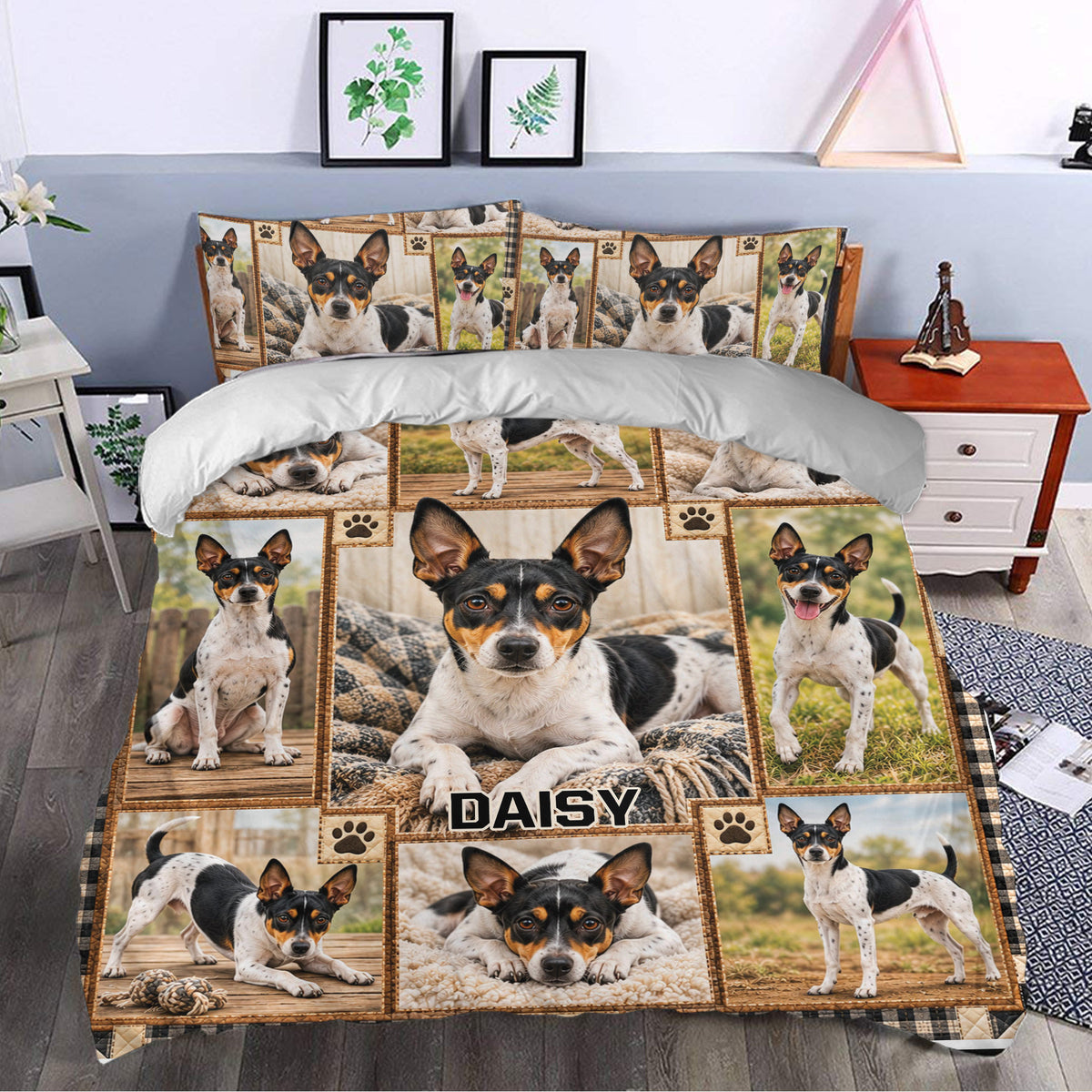 Rat Terrier duvet cover bedding set styled in a bedroom with repeated dog portraits, paw prints, and rustic borders