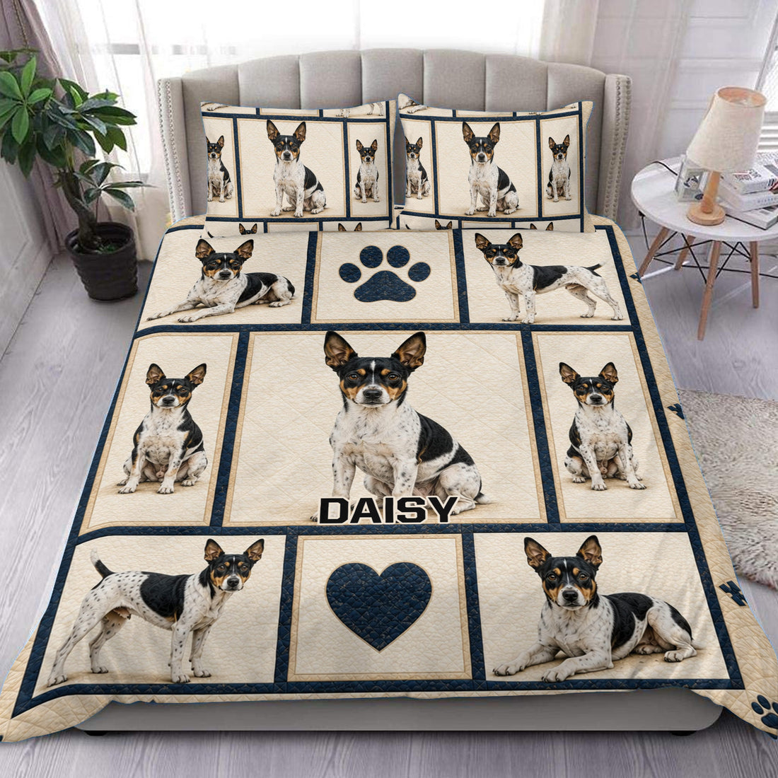 Rat Terrier duvet cover set displayed on a bed with navy bordered panels, dog portraits, paw prints, and hearts
