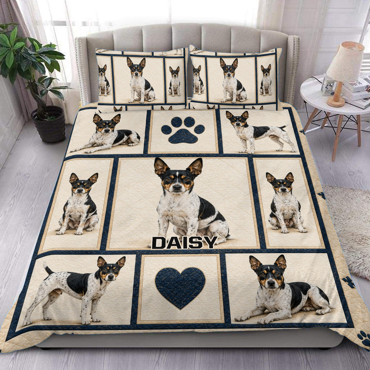 Rat Terrier duvet cover set displayed on a bed with navy bordered panels, dog portraits, paw prints, and hearts