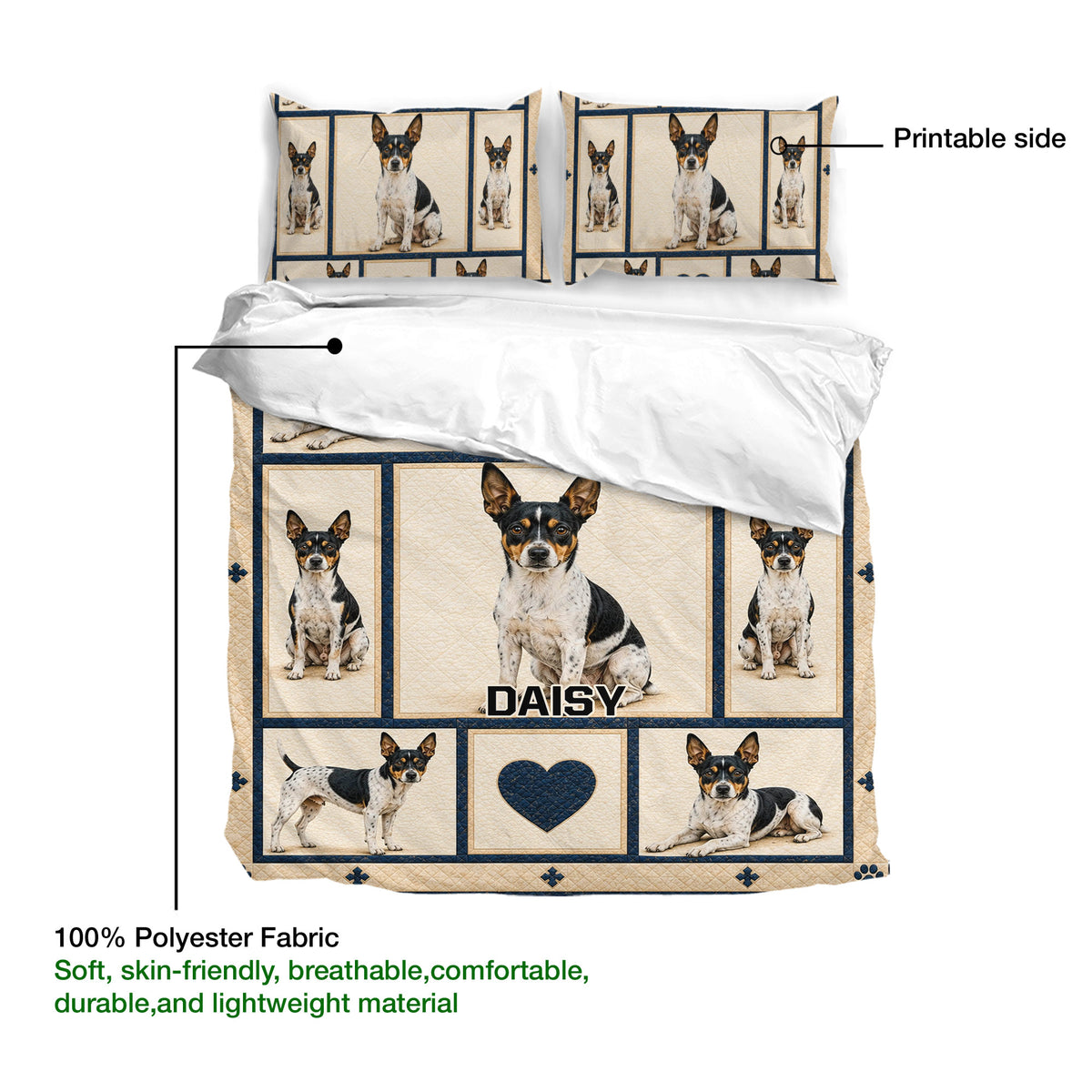 Rat Terrier duvet cover set detail showing the printable artwork side and soft cream fabric presentation