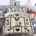 Rat Terrier duvet cover styled in a bedroom with repeated dog portraits, paw prints, and navy geometric borders