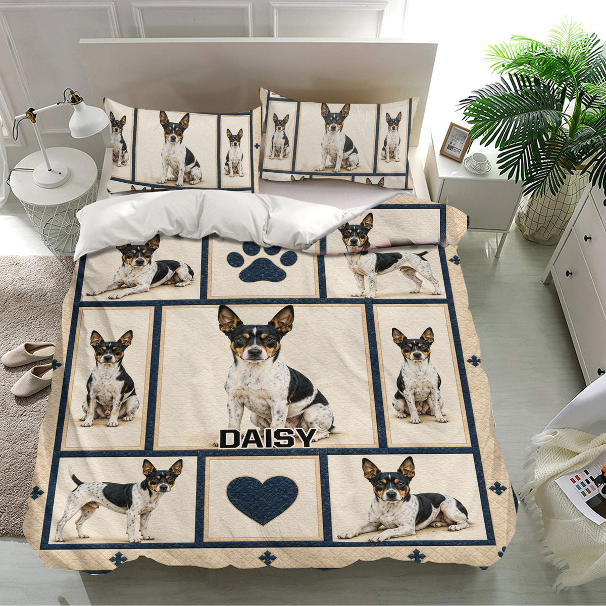Rat Terrier bedding set in a bright bedroom featuring matching pillowcases, cream panels, and playful dog artwork