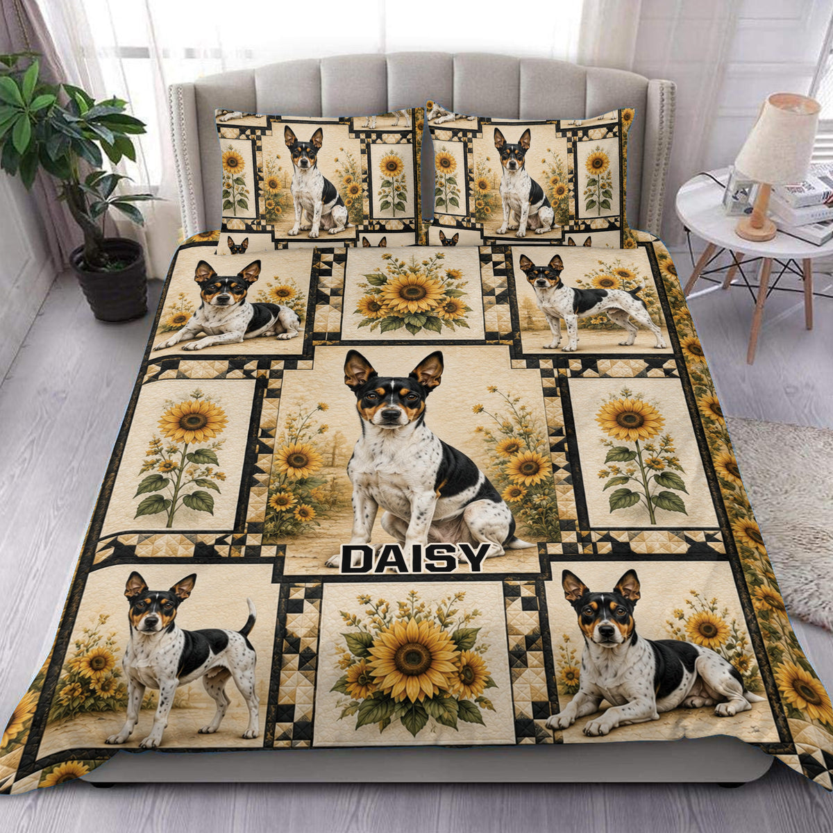 Rat Terrier duvet cover bedding set with sunflower panels and vintage farmhouse bedroom styling
