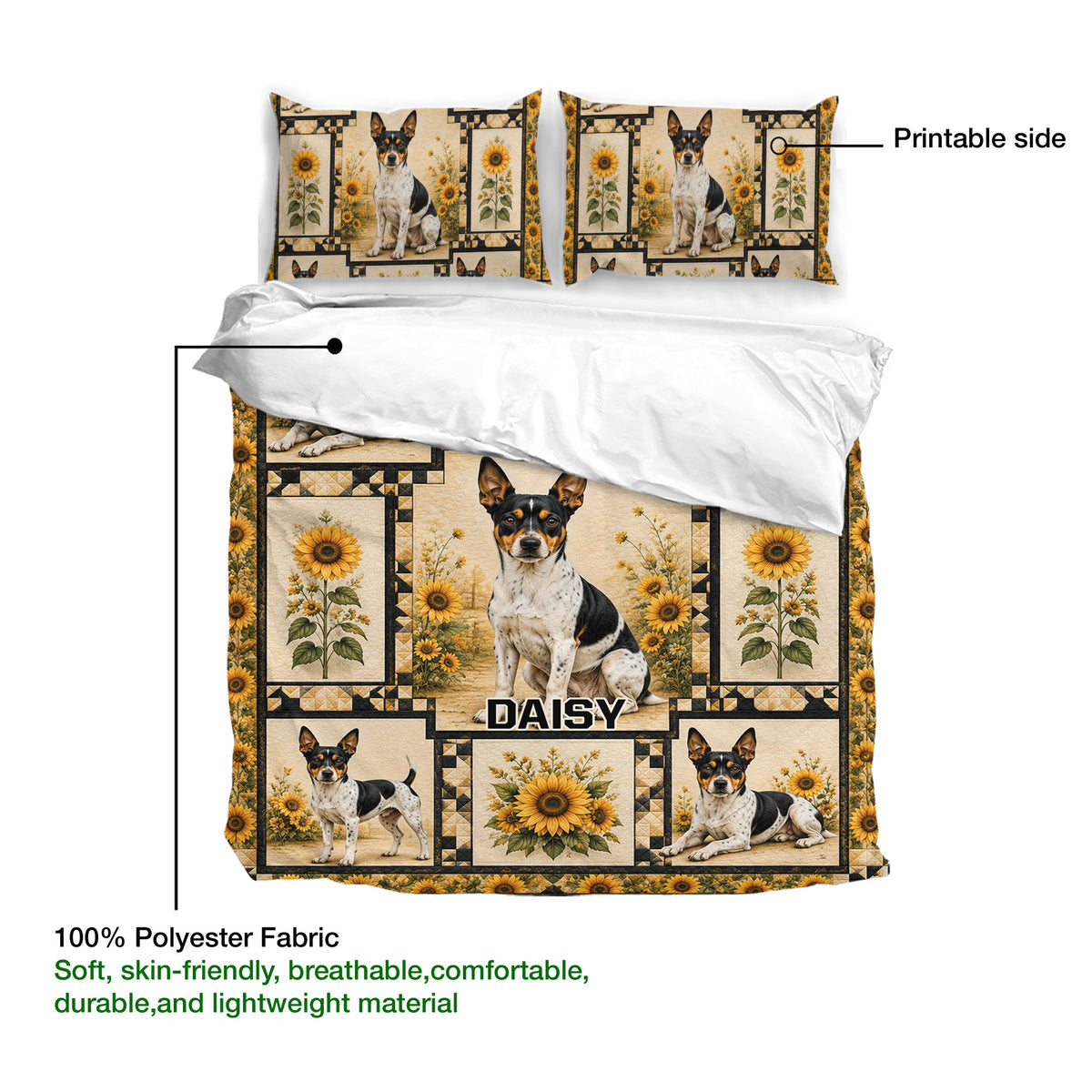 Rat Terrier duvet cover bedding set showing the printable side and lightweight polyester fabric