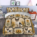 Rat Terrier sunflower duvet cover styled in a bright bedroom with coordinating pillowcases