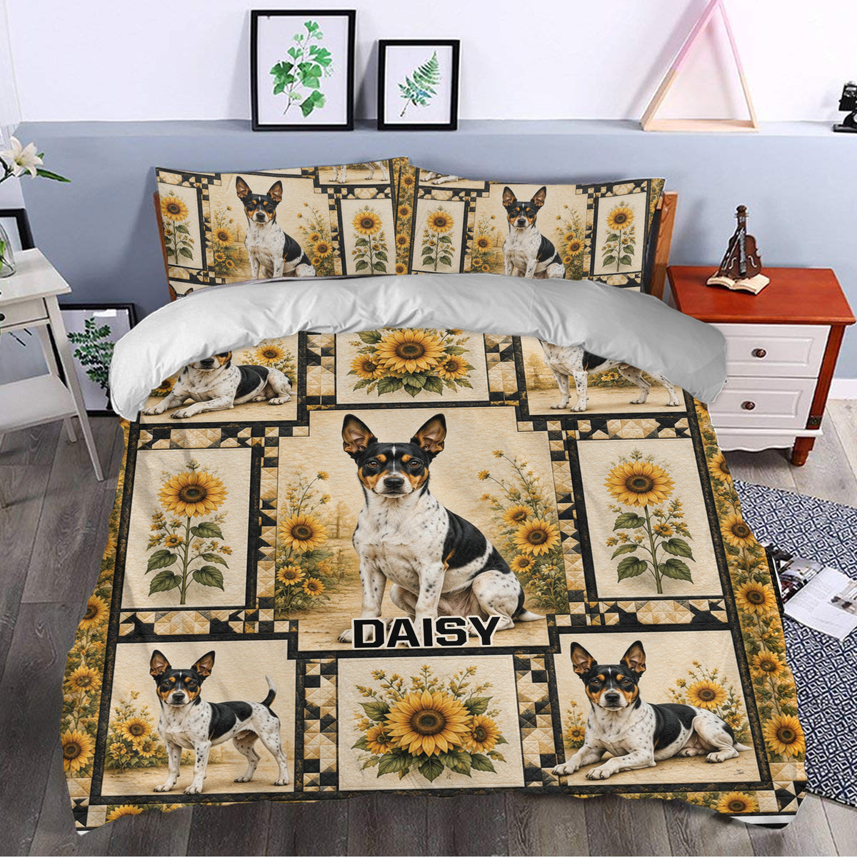 Rat Terrier sunflower duvet cover styled in a bright bedroom with coordinating pillowcases