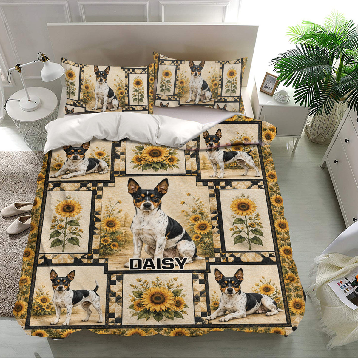 Rat Terrier bedding set with sunflower artwork displayed on a modern bedroom with matching pillows