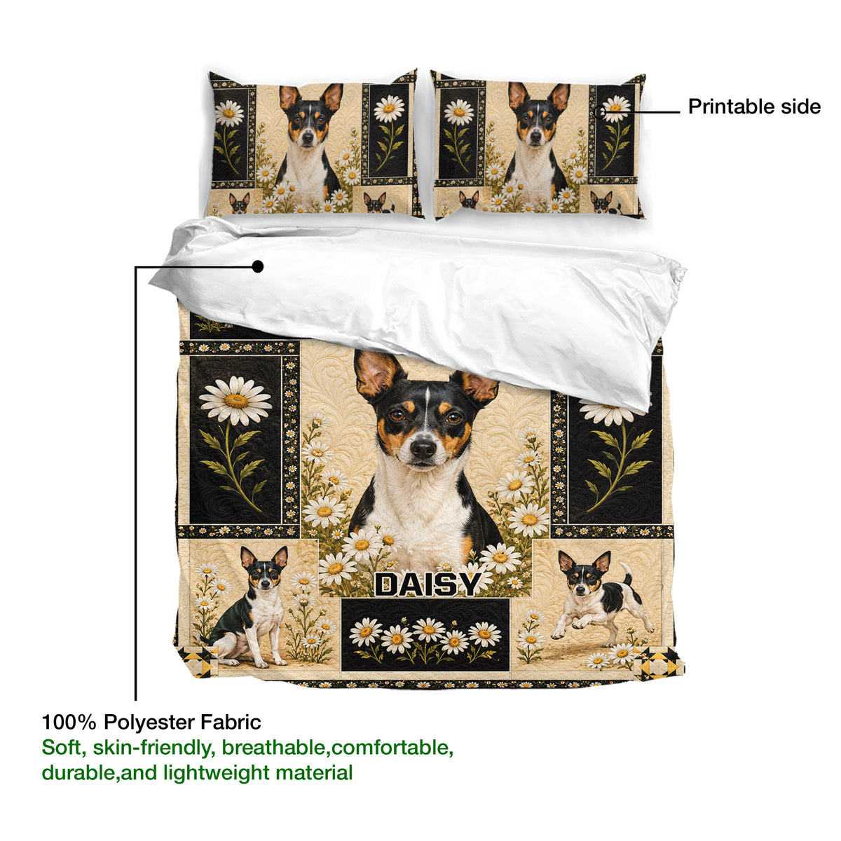 Rat Terrier duvet cover and pillowcases showing the printable artwork and lightweight fabric design