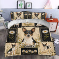 Rat Terrier bedding displayed in a bedroom with daisy accents, black panels, and cream floral details