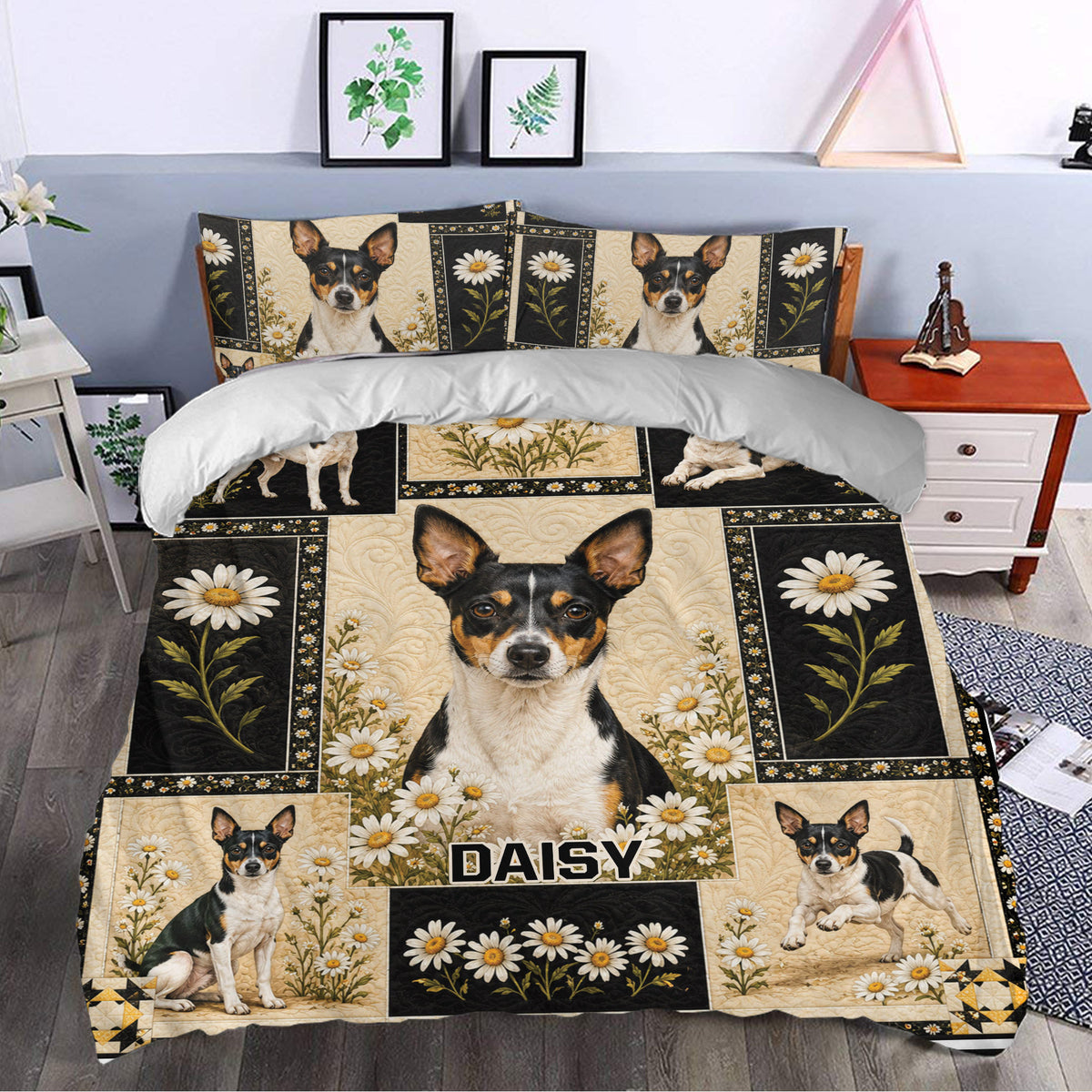 Rat Terrier bedding displayed in a bedroom with daisy accents, black panels, and cream floral details