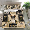 Rat Terrier duvet cover set styled in a bright bedroom with matching dog and daisy artwork