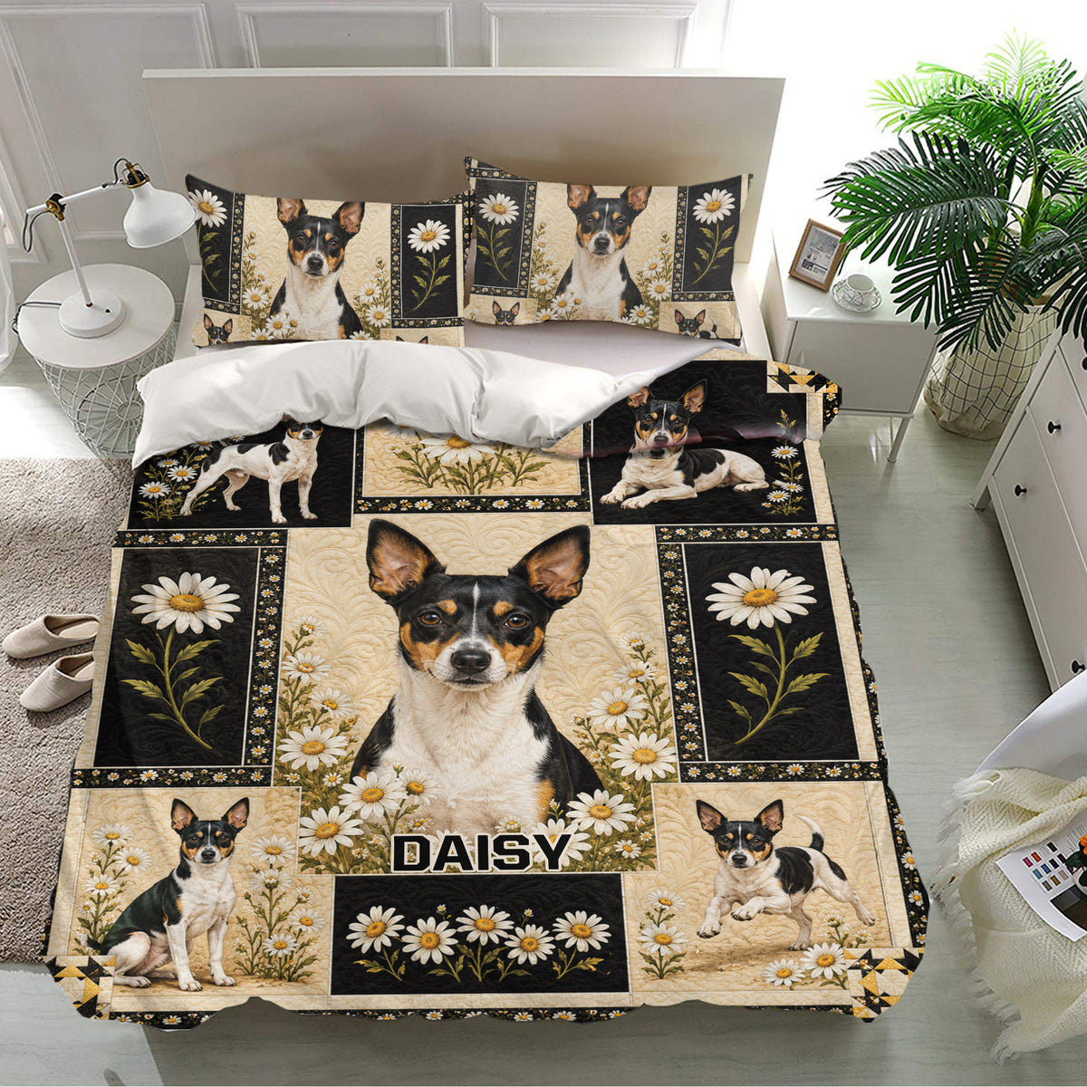 Rat Terrier duvet cover set styled in a bright bedroom with matching dog and daisy artwork