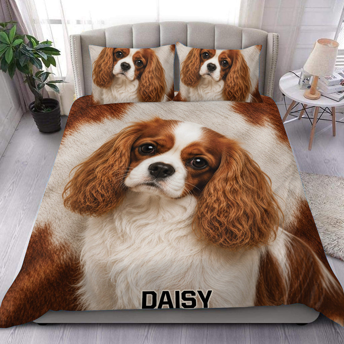 Cavalier King Charles duvet cover set styled on a bed with matching dog portrait pillowcases