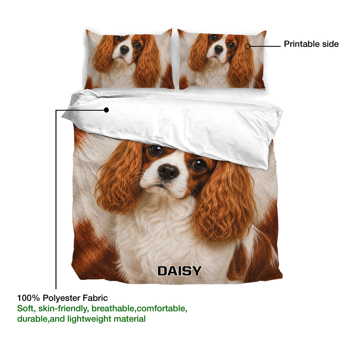 Cavalier King Charles duvet cover artwork with matching pillowcases and printable fabric detail