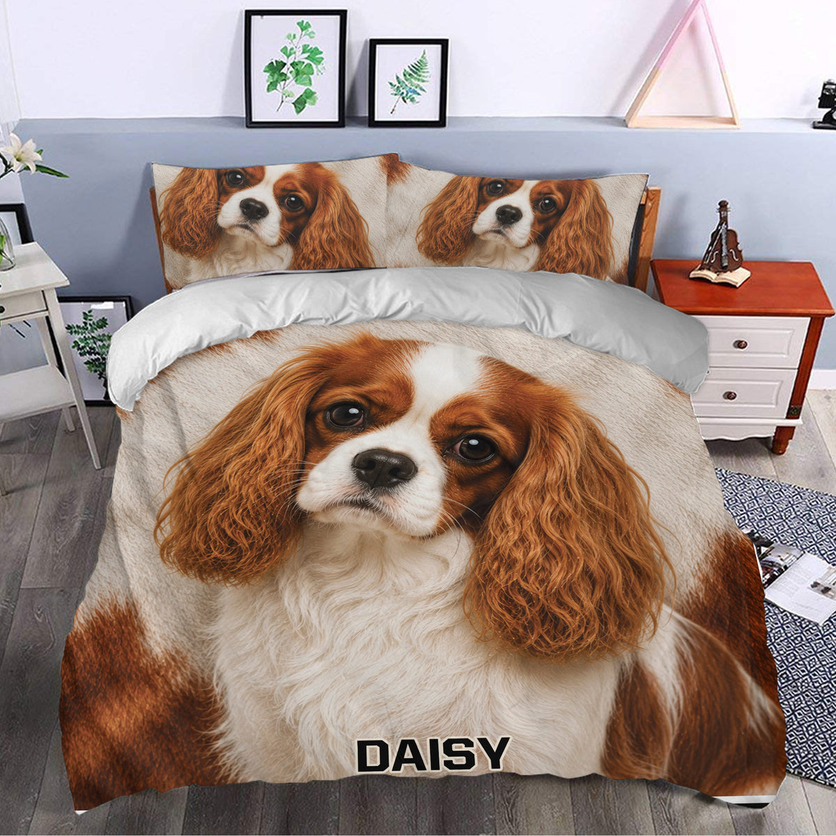 Cavalier King Charles duvet cover set adding a warm dog portrait theme to a modern bedroom
