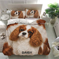 Cavalier King Charles bedding set displayed in a bright bedroom with matching portrait pillowcases