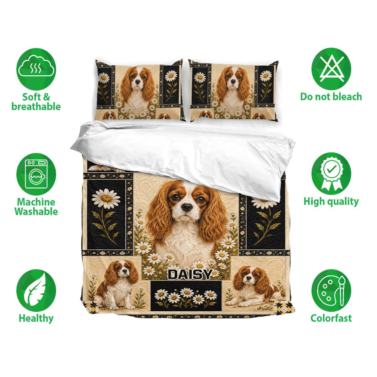 Cavalier King Charles bedding set with daisy artwork, pillowcases, and soft breathable fabric details