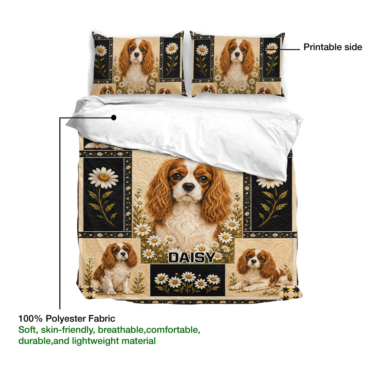 Cavalier King Charles duvet cover showing the printed side, white reverse, and polyester fabric detail