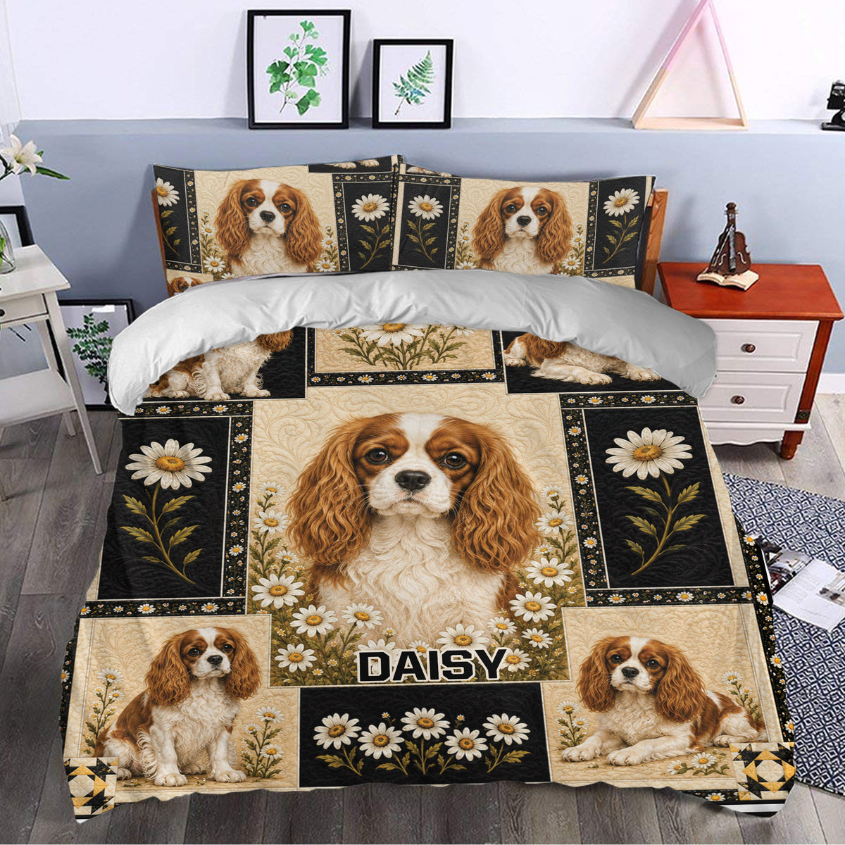 Cavalier King Charles duvet cover bedding set styled in a bright bedroom with floral dog artwork