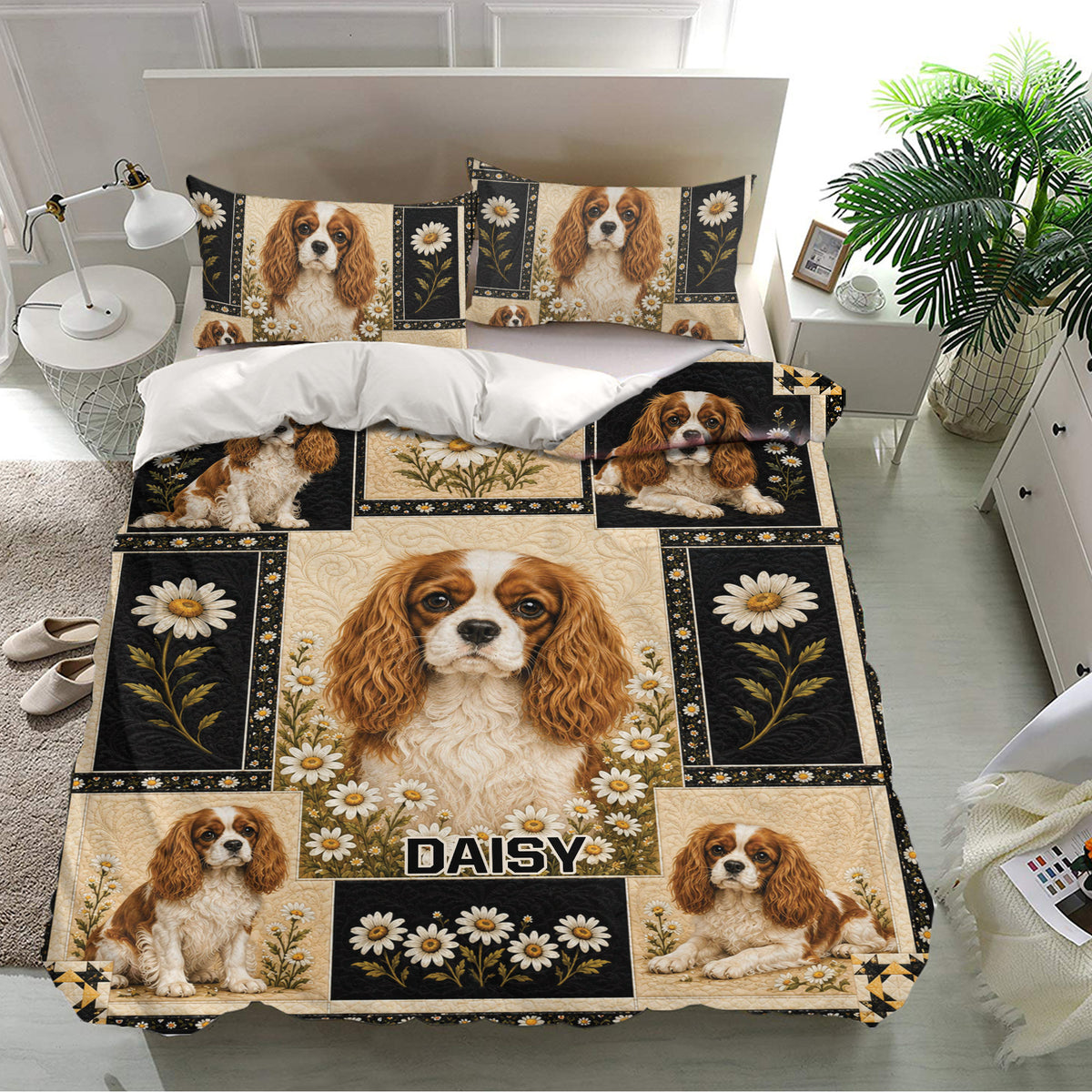 Cavalier King Charles bedding set presented in a modern bedroom with coordinated dog and daisy designs