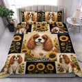 Cavalier King Charles duvet cover set with sunflower collage artwork styled in a bright bedroom
