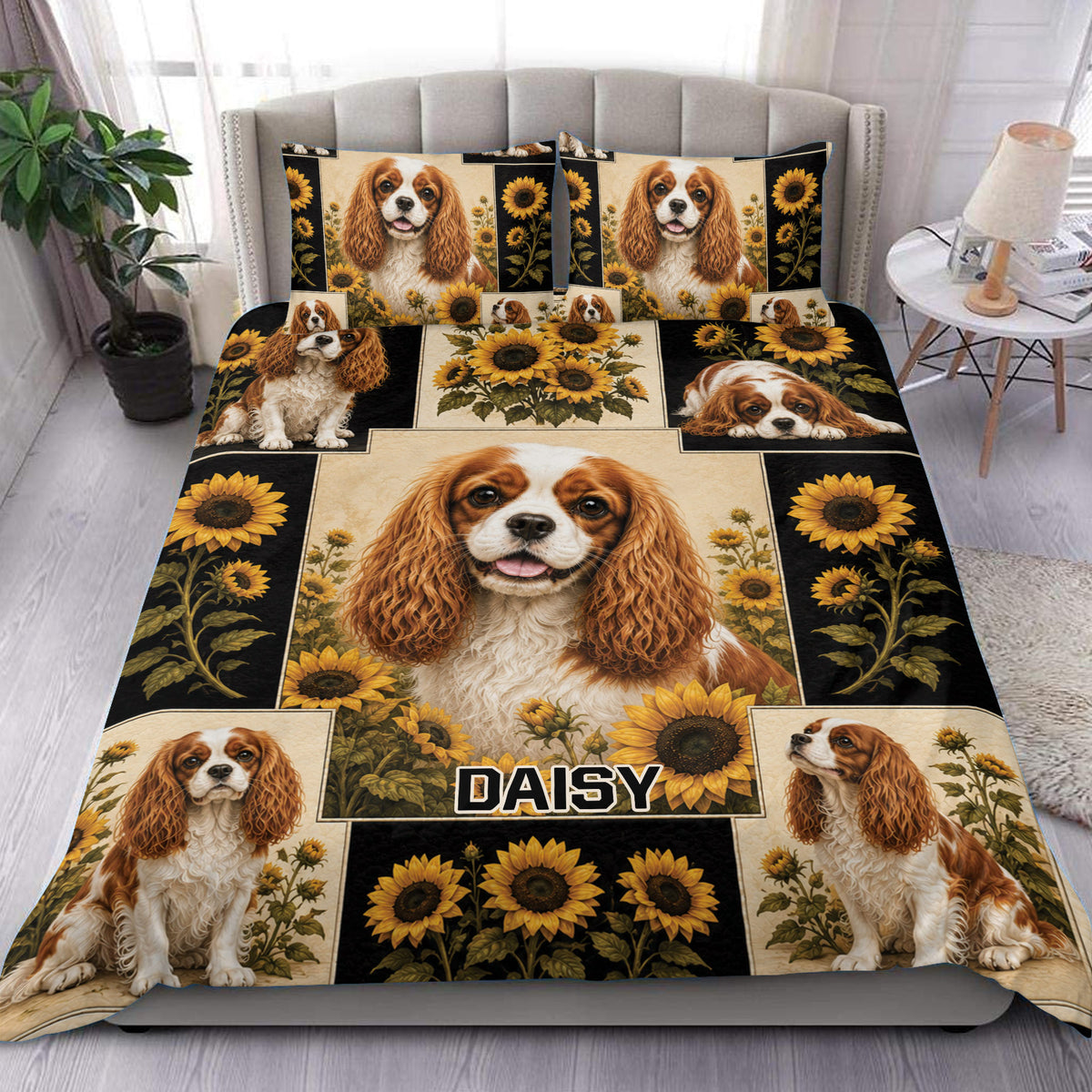 Cavalier King Charles duvet cover set with sunflower collage artwork styled in a bright bedroom