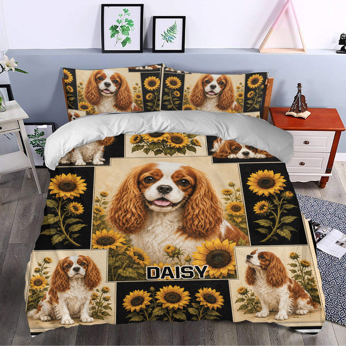 Cavalier King Charles duvet cover set styled on a bedroom bed with black and gold sunflower artwork