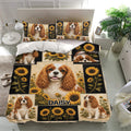 Cavalier King Charles bedding set with matching pillowcases and sunflower artwork in a modern bedroom