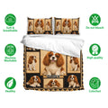 Cavalier King Charles bedding set shown with matching pillowcases and soft breathable fabric icons