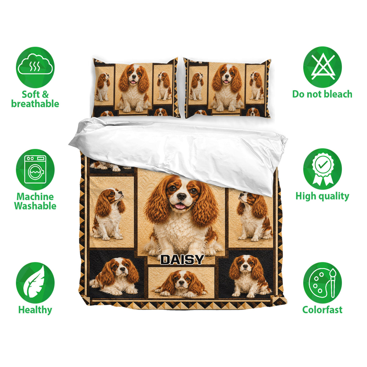 Cavalier King Charles bedding set shown with matching pillowcases and soft breathable fabric icons
