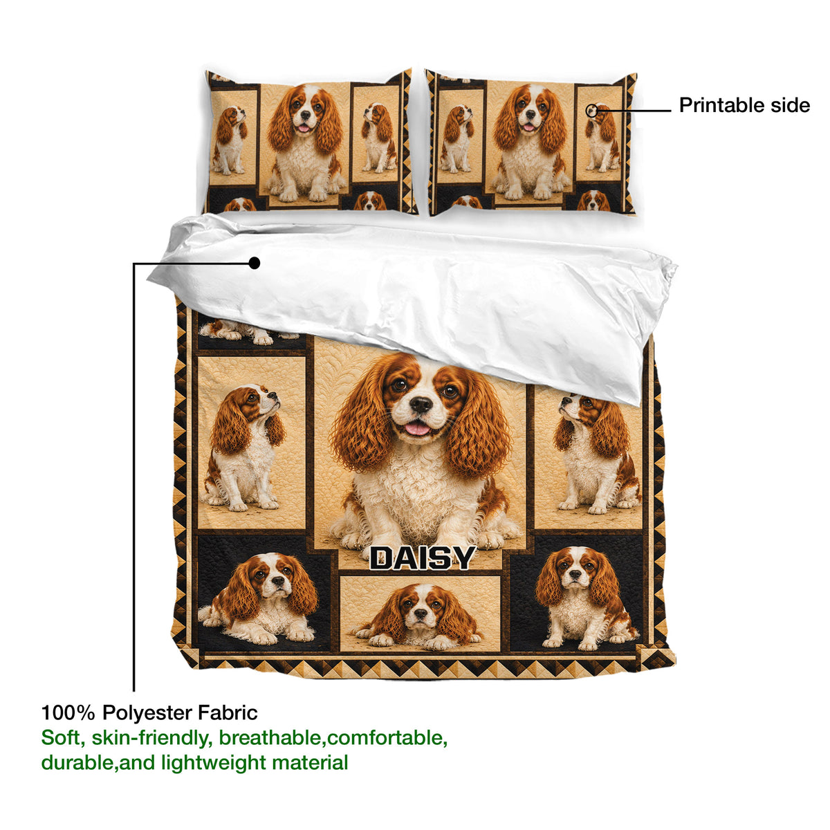 Cavalier King Charles duvet cover and pillowcases shown with printable surface and fabric detail callouts