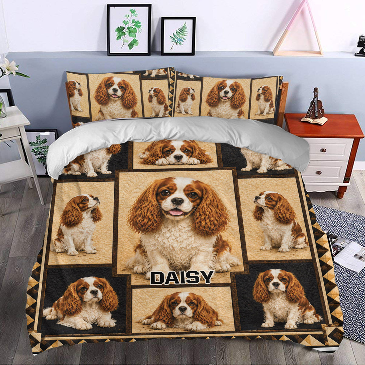 Cavalier King Charles duvet cover set styled in a bedroom with framed dog portraits and warm decor